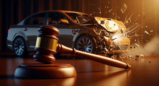 Judge's gavel on a desk with a car crash in the background. Automobile collision with debris behind a legal mallet. Legal insurance claim concept for car accident lawsuits and injury litigation.