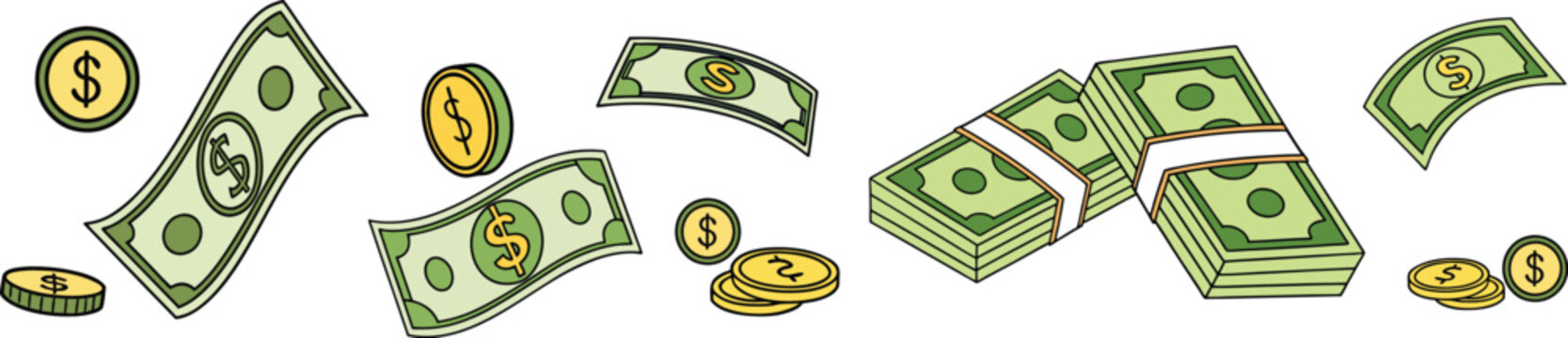 Cartoon money illustration with flying dollar bills coins and stacked cash bundles. Playful finance concept ideal for banking business profit wealth and economy themes. Clean colorful vector design 