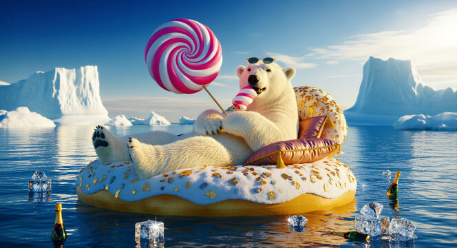 Polar bear with sunglasses relaxing on a donut float in the ocean. The bear holds a lollipop among icebergs and champagne. Humorous luxury vacation concept, ideal for creative advertising.