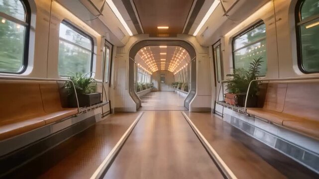 Gliding aisle advancing to doorway, train motion causing window blur, planters, suitcases by seats