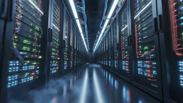 Rows of server racks in a data center with blue and yellow cables, glowing LED indicators, and a reflective floor for high-tech connectivity concepts.