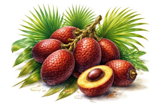 Detailed hand painted Moriche palm fruit with exotic Aguaje on white