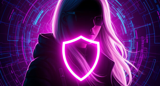 Woman in hoodie with glasses stands behind a glowing neon shield icon. Cyberpunk character surrounded by digital data and HUD interfaces. Cybersecurity concept for software protection marketing.