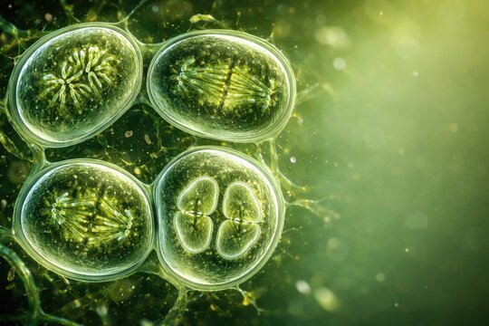 Close up of plant cell meiosis phases visible in microscope with copyspace for text