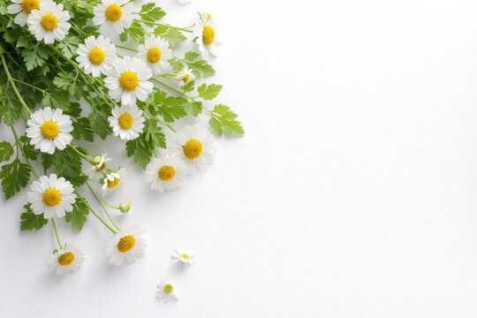 Copy space image showing fresh feverfew flowers against a bright white surface