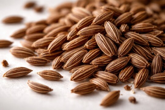 Close perspective of aromatic caraway seeds resting on smooth white surface