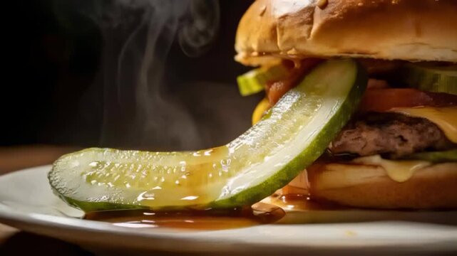 Dripping sauce from pickle collecting at edge, droplet falling onto plate on set table steam rising