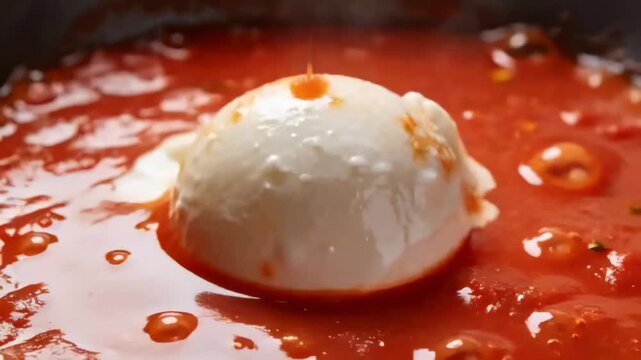 Entering metal spoon tucking under burrata in pan, letting sauce coat cheese and release cream