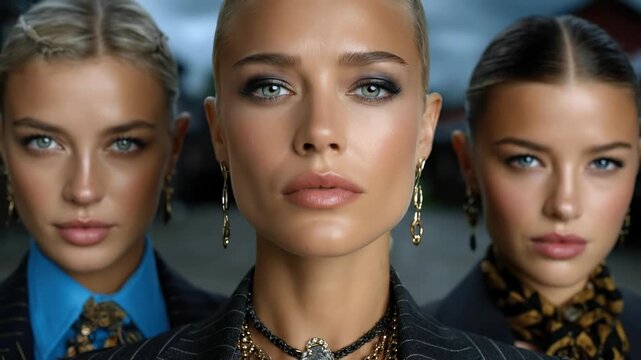 Empowered professional women, confident female leaders demonstrating ambition and corporate strength, dressed in sophisticated business attire, focused on future achievement and success