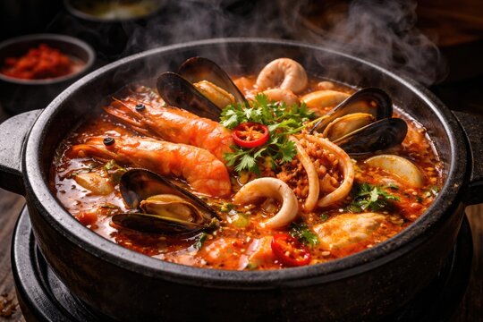 Classic Korean seafood soup served steaming hot