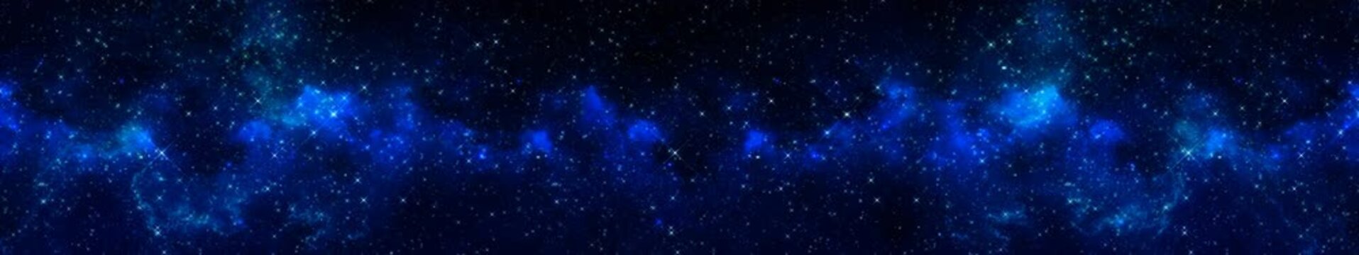 Deep Blue Starry Night Sky Panorama with Galaxy Nebula and Cosmic Space Background