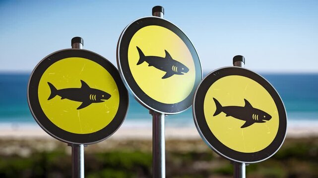 Multiple shark warning signs on beach, ocean hazard safety symbols with shark silhouettes, coastal danger signage at seaside