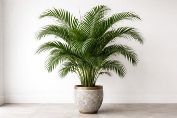 Fototapeta premium Fresh look featuring Majesty Palm in ornamental pot with full fronds on a clean white background