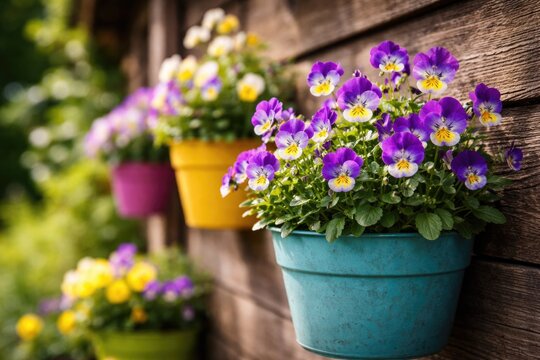 Close up of blooming viola cornuta in colorful pots on wooden wall in garden with copy space