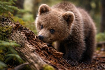 Obraz premium Cheerful brown bear cub sniffs around a broken snag