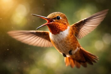 Obraz premium Detailed portrait of Rufous Hummingbird flying with open beak