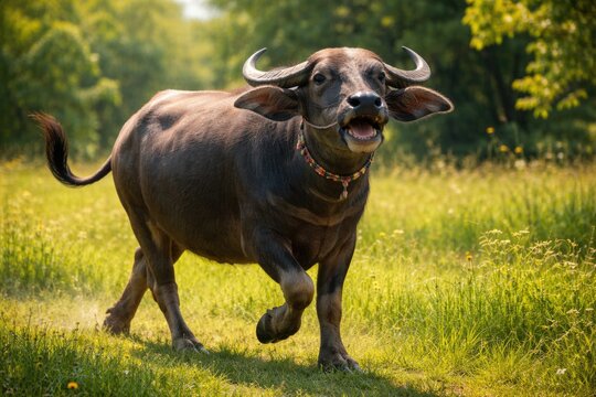 Joyful pet water buffalo roaming full length across summer grass