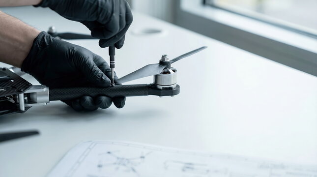 Drone assembly with gloved hands using screwdriver on white workbench, technology development and engineering concept.