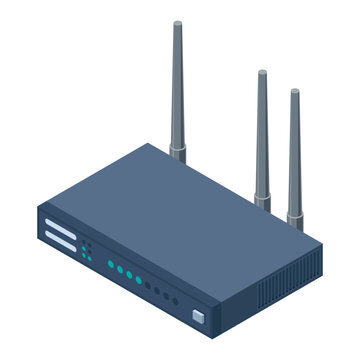 Isometric network wifi router with antennas. Wireless network communication technology. Wireless internet router. Network technology. Vector illustration