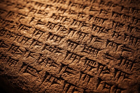 Close up of ancient cuneiform text carved into a clay tablet representing historical heritage