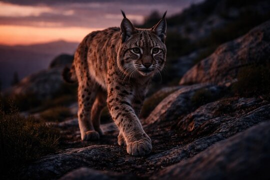 Lynx walking along rocky terrain at dusk