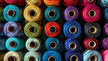 Fototapeta premium Top view of colorful sewing thread spools in a grid, assorted vibrant cotton threads for embroidery and tailoring, creative craft and textile background.