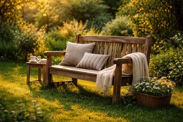 Obraz premium Cozy wooden garden bench inviting relaxation on lush green grass outdoors