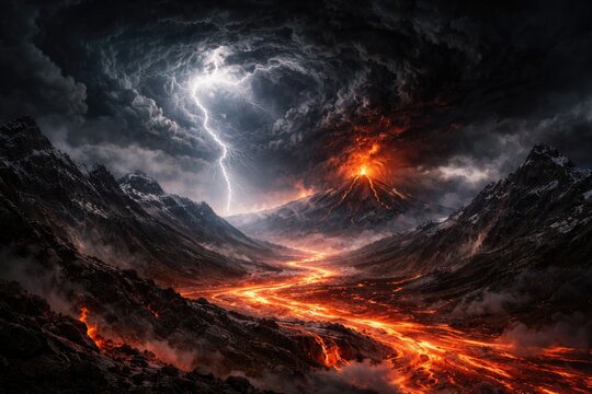 A striking image of a fierce tempest rolling over mountainous terrain with dark swirling clouds above a vast river of lava