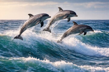 Fototapeta premium Full length dolphins performing jumps amid ocean swells