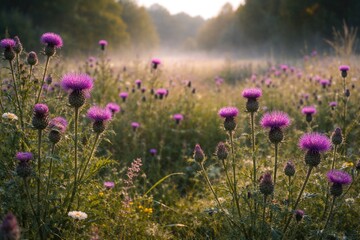 Obraz premium Diverse purple thistle plants flourishing across a natural grassland