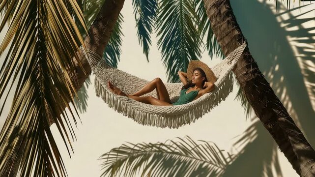 Black woman in green swimsuit resting in hammock between two palm trees outside