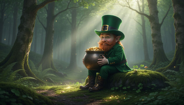 Whimsical leprechaun guards his legendary pot of gold in a lush, sundrenched enchanted forest. A perfect visual for St. Patricks Day promotions, wealth concepts, and Irish folklore.