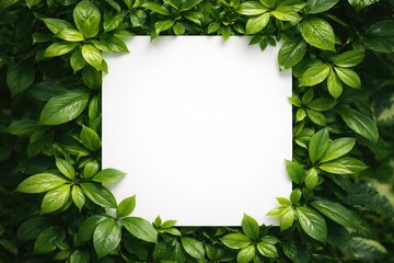 Fototapeta premium Elegant white square frame surrounded by fresh green leaves for decorative borders