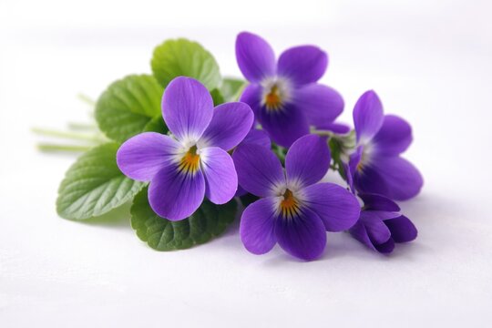Bright Viola Odorata violet flowers elegantly posed on a pristine white surface