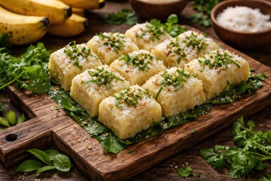 Cassava based traditional getuk served with fresh herbs and bananas on a rustic wooden board