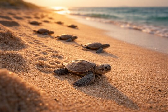 Hatchling loggerhead turtles cross warm sand on path to ocean