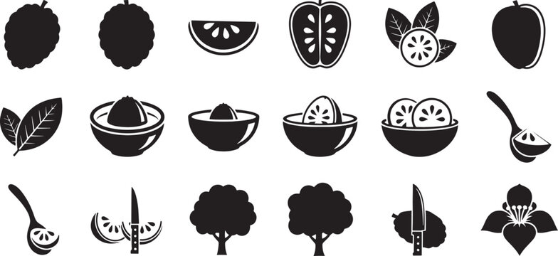 Black silhouette of fruits leaves juicer apple slices spoon knife and tree white leaf