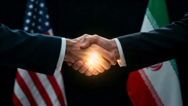 Handshake Between American and Iranian Flags Symbolizing Diplomacy and Agreement.