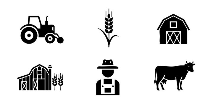 A farmer stands beside a cow near a barn and tractor in a rural landscape with wheat.