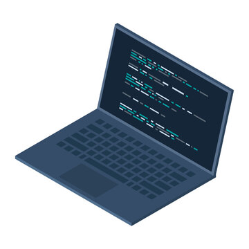 Isometric laptop. Programming on laptop concept with program code. Program code on a laptop screen. Isometric technology. Vector illustration