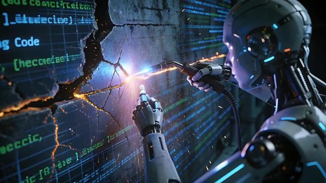 Welding robot initiating arc, fusing Self-Healing Code panel in lab with torch and rod, copy space