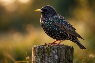 Fototapeta premium Close up of medium sized starling bird resting on rustic wooden post