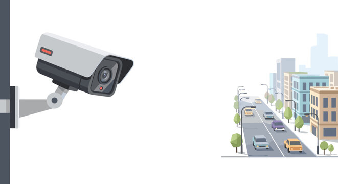 An outdoor surveillance camera mounted on a vertical support monitors a stylized isometric city street scene featuring small vehicles and buildings under bright lighting conditions