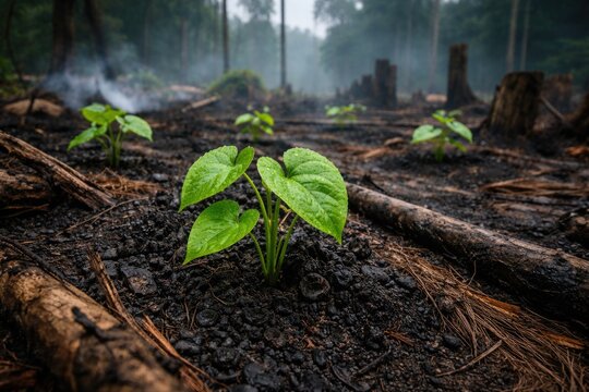 Emerging Dioscorea trifida plants on deforested rainforest ground following slash and burn method