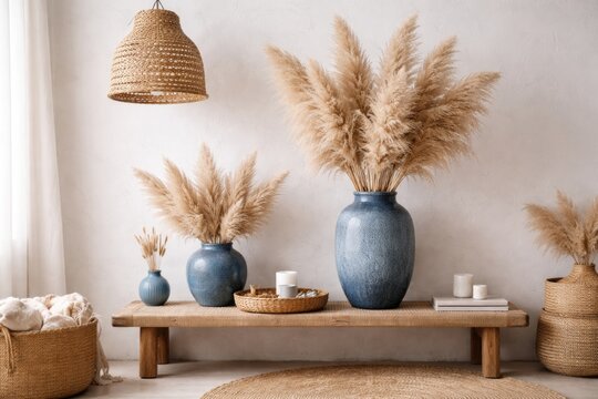 Bohemian style room with pampas grass arranged in blue vases on simple white background