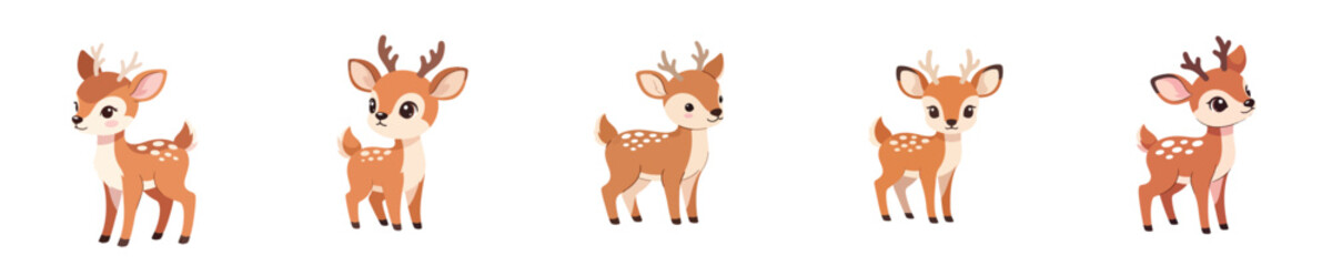 Obraz premium A cute flat vector illustration set of a baby deer with small antlers, gentle colors, no outlines, on white.