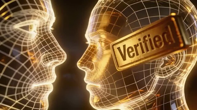 Stamping Verified badge into right mesh temple on activation in dark field, sparks verifying ID
