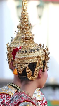 Thai Khon Dancers in Traditional Gold Costumes at Wat Suthat Temple