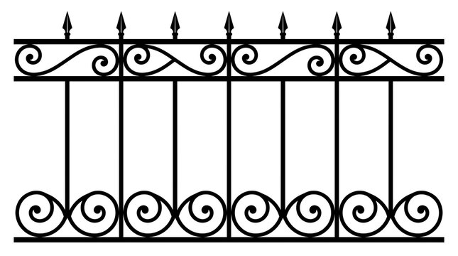 Decorative wrought iron fence with scrollwork and pointed tips