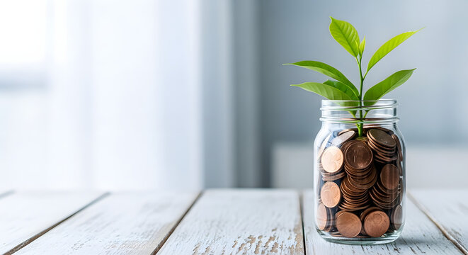 A small green plant sprouts from a glass jar filled with coins, symbolizing financial growth and investment.